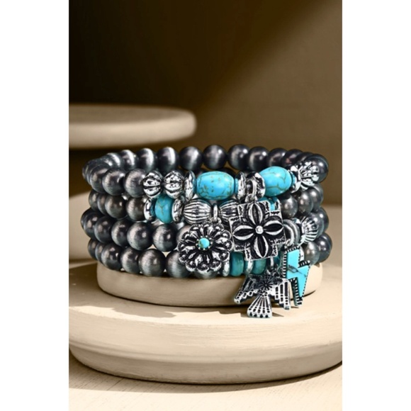 Antiqued Silver 4 Strand Western Turquoise Beaded Navajo Charm Bracelet Set - Picture 3 of 3